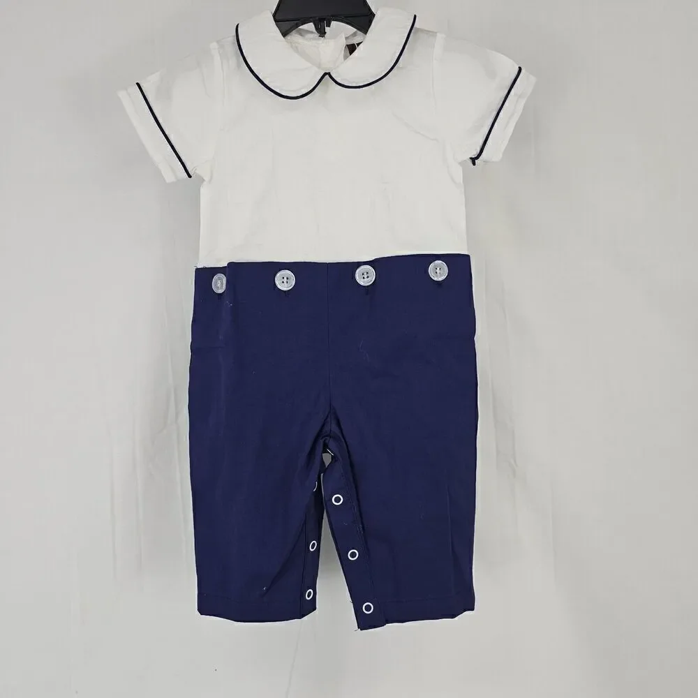 Lil Cactus Pique Button On Pants Romper Boys Size 3-6 Months Outfit Navy White